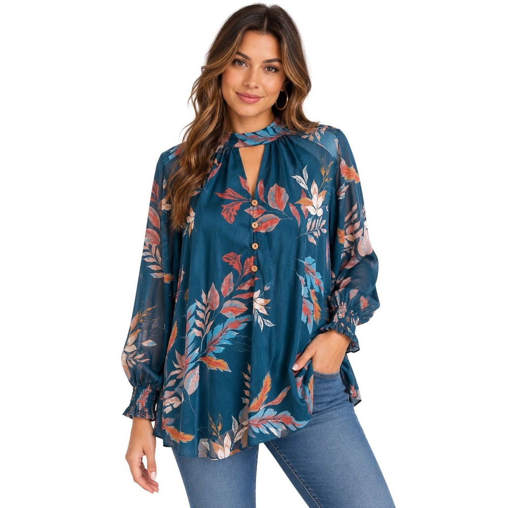 Gimmick by BKE Teal Tropical Leaf Mesh Mock Neck Blouse Smocked Cuff Small